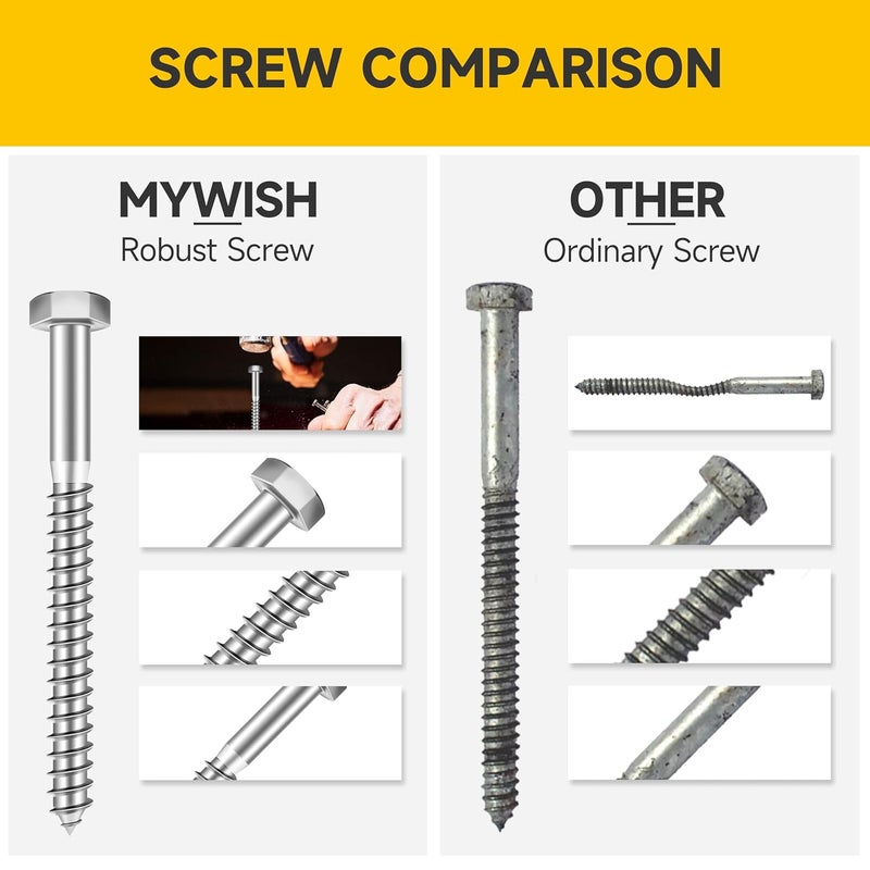 MYWISH 1/4 Hex Head Lag Screws Assortment Kit, 109Pcs Heavy Duty Lag Bolts with Washers, 304 Stainless Steel Bolts 18-8 5-Size Wood Screws for Outdoor, Bright Finish 1/4 Bolt - Image 4
